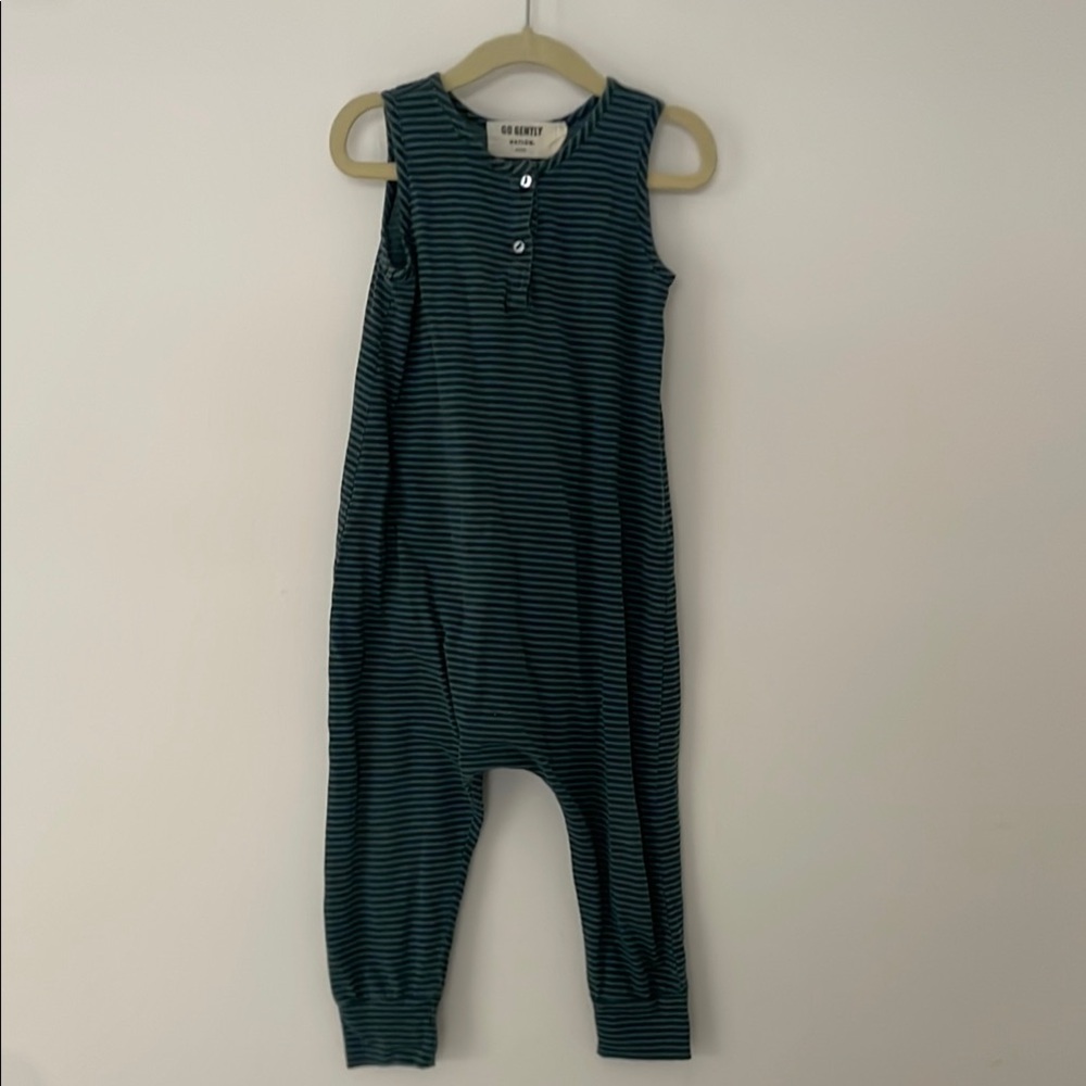Go Gently Designer Label Green Striped Sleeveless Jumpsuit 3t